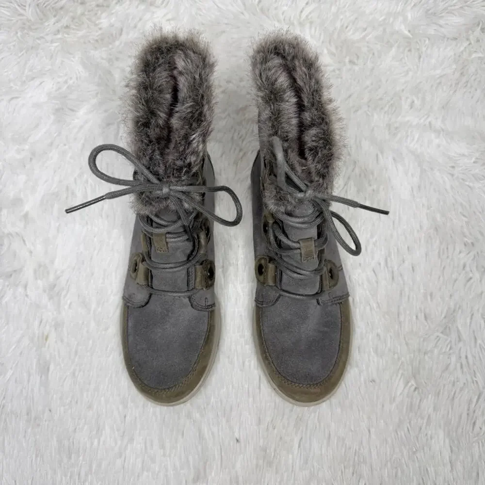 SOREL / gray Explorer Joan waterproof lace up faux fur suede leather boots / 6